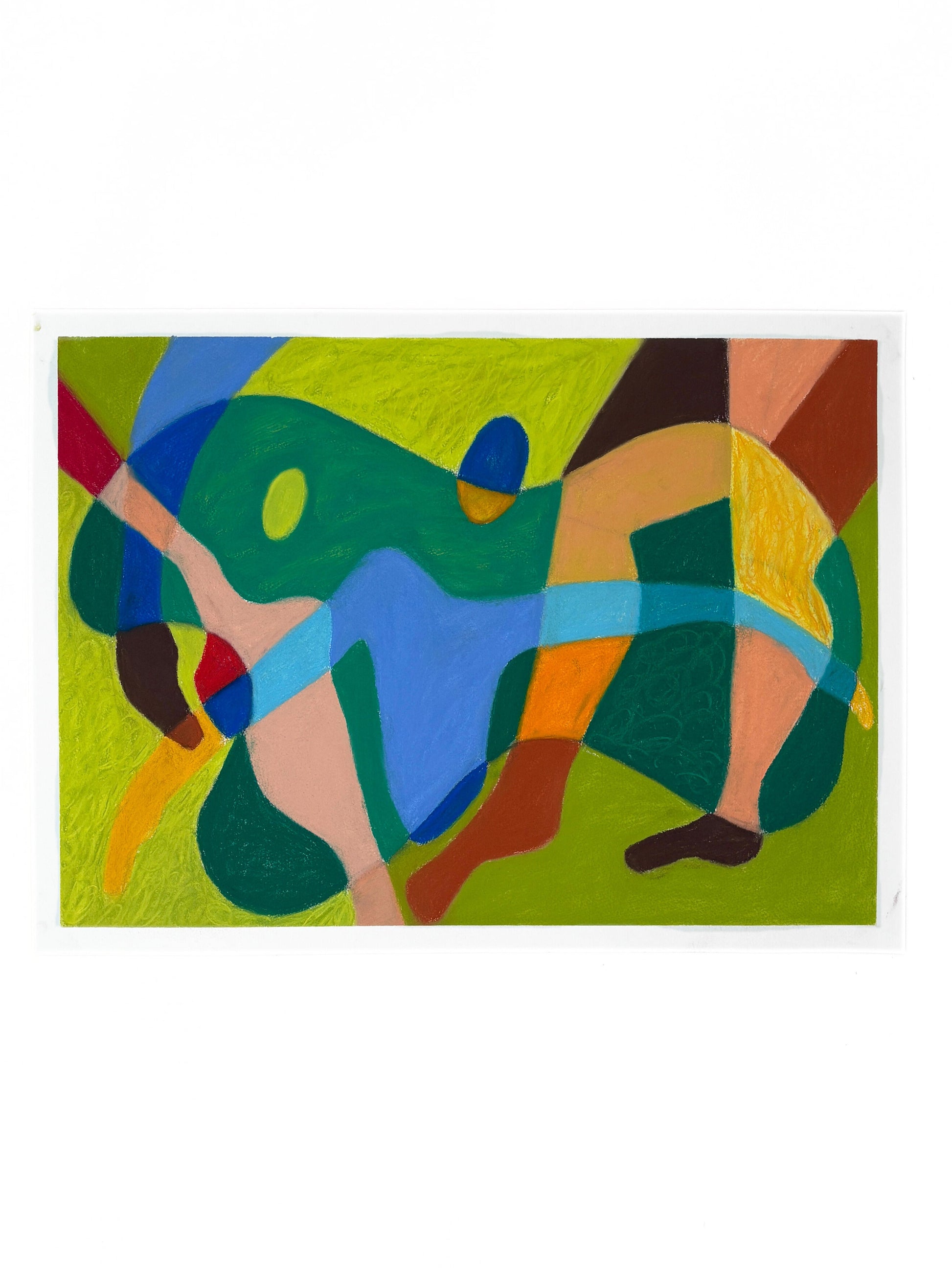 Abstract artwork with colorful figures on a green background
